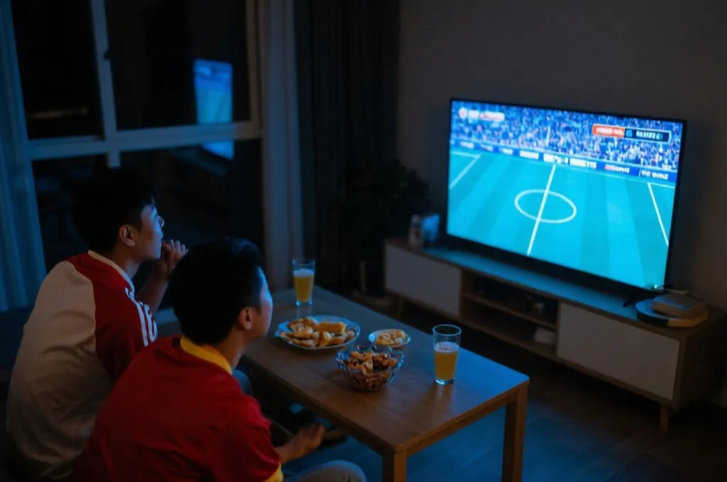 中国球迷夜间看世界杯直播的观赛场景